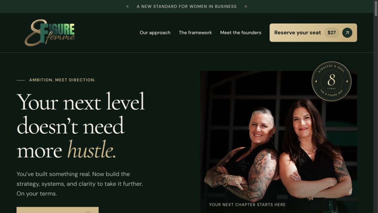8 Figure Femme homepage with its headline and founders