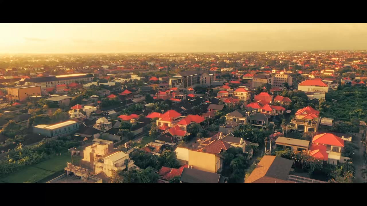 Aerial view of Bali at sunset from Martin and Coleen's proposal film