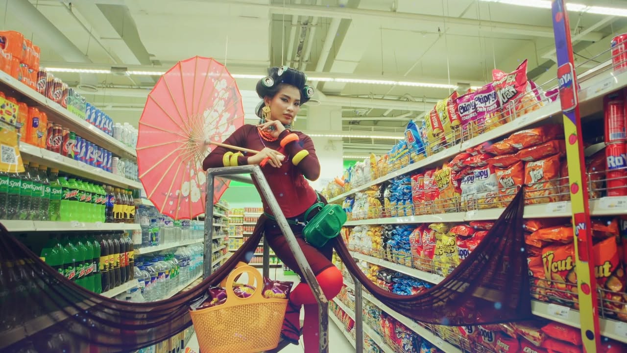Candidate styled in a colorful supermarket creative shoot