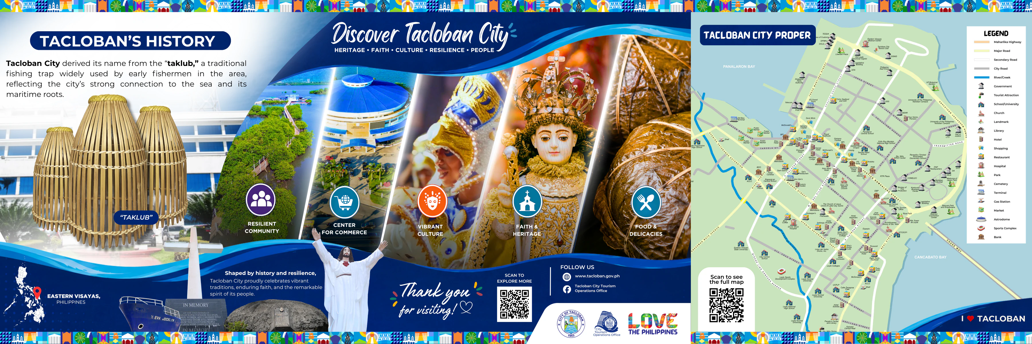 Tacloban City visitor brochure with history, cultural highlights, and a city map